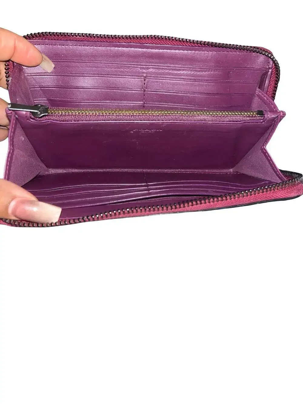 Coach Accordion Zip Wallet in Metallic Magenta Pink Crossgrain Leather